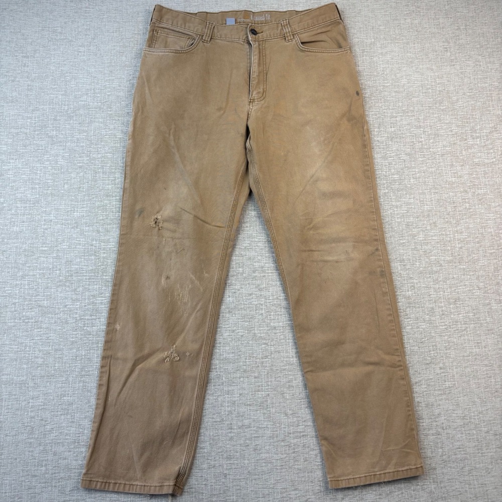 Carhartt Mens Relaxed Fit Canvas Work Pants Tan Distressed 35x32 Measures 35x30